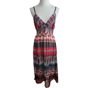 Y2K She's Cool Red Cream and Black Paisley Bohemian Maxi Dress Size Large Junior